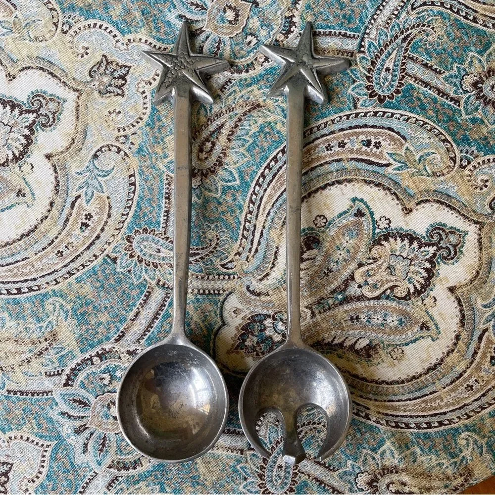Metal Coastal Starfish salad server set Pewter or aluminum vintage